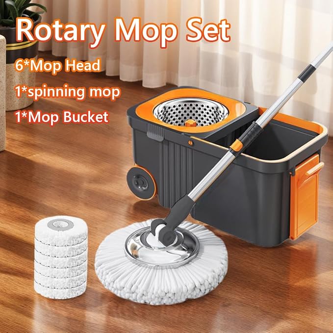 Household Cleaning Automatic with 6 Replacement Head Refills Extended Handle Hand-Free Automatic Dehydration Mop Cleaning with Bucket for Household Floor Cleaning (Grey Orange)