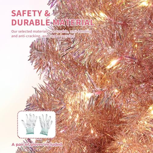 GarveeHome 6 ft Prelit Artificial Christmas Tree with 250 Warm White Lights, Pre-Lit Snow Flocked Pencil Christmas Tree, Foldable Base,Holiday Decoration for Home, Office, Party,Rose Gold Tinsel