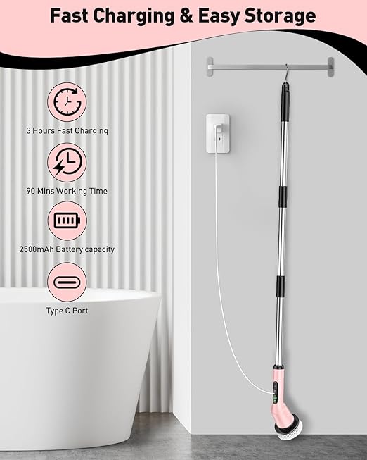 Electric Spin Scrubber for Cleaning Bathroom, Shower Scrubber Cordless Cleaning Brush with IPX7 Waterproof & 2 Speed, 3 Brush Heads, Bathroom Cleaning Supplies for Shower Tub Kitchen Tile Toilet Pink