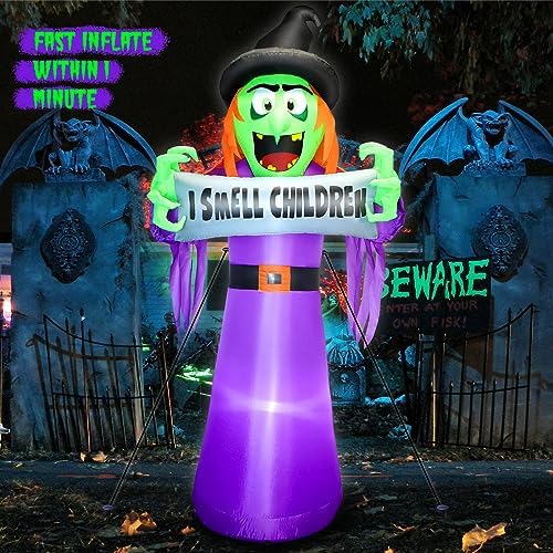 8FT Halloween Inflatable Witch Outdoor Decor with Banner I Smell Children
