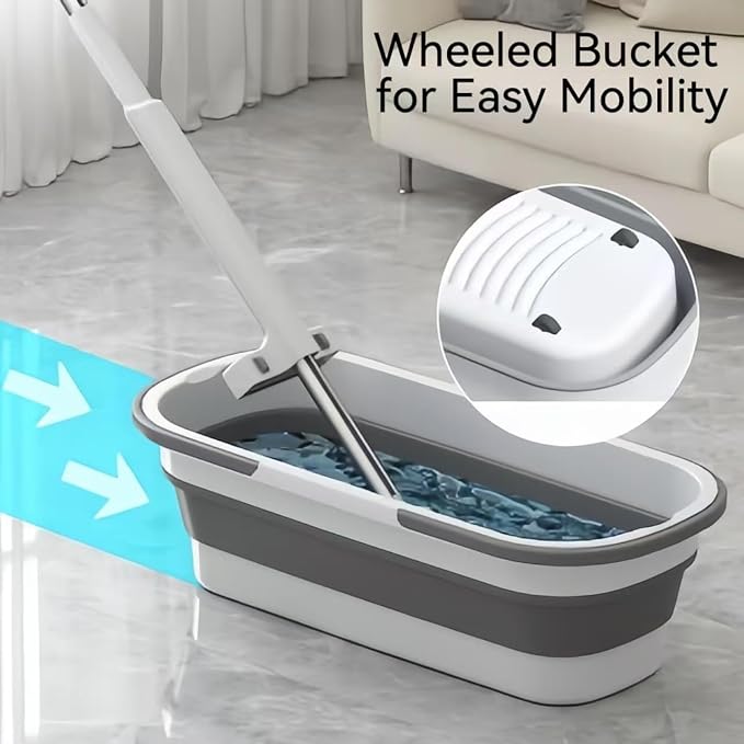 Flat Mop & Bucket Set with 6 Reusable Pads | Foldable Hands-Free, Microfiber, Wet/Dry Use, For Tile, Laminate, Wood Floors, Walls, Windows