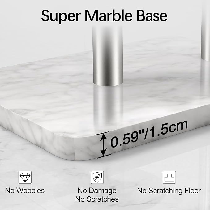 FEILERN Toilet Paper Holder Stand for Bathroom Floor Standing Toilet Roll Dispenser Storages 4 Reserve Rolls, with Top Storage Shelf for Cell Phones, Wipe, Wallet and More(Marble Brush Nickel)
