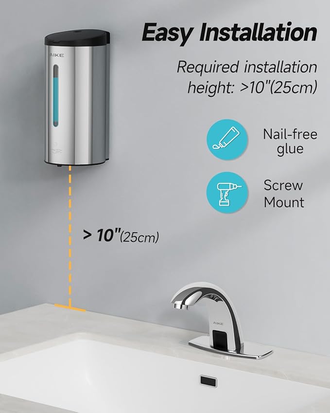 AIKE Automatic Foam Soap Dispenser 25oz for Bathroom,Polished AK1205FA | Rich Foam and Stainless Steel,No-drill and Screw Wall Mount,5-Level Adjustable and Key for Commercial(Batteries Not Included)