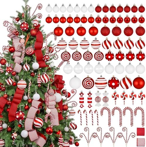 88 Pcs Candy Cane Red and White Christmas Tree Ornaments Set