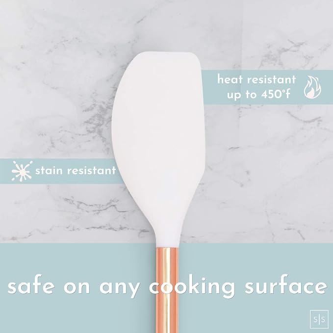 White Silicone and Copper Kitchen Utensils Set with Holder - 17-Piece Rose Gold Cooking Tools for Nonstick Cookware, with Measuring Cups, Spoons, & Utensil Holder - Stylish Copper Kitchen Accessories