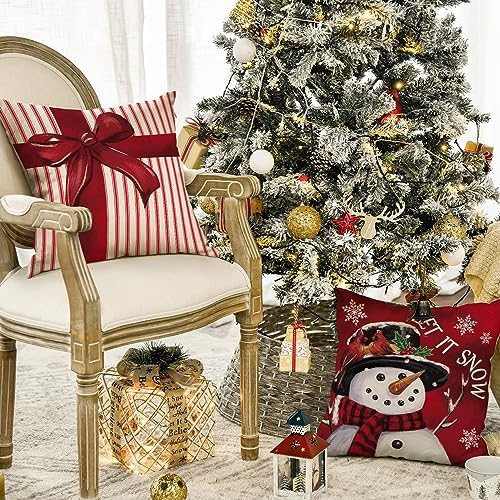 AVOIN colorlife Merry Christmas Let It Snow Joy Stripes Gift Box Red Throw Pillow Covers, 20 x 20 Inch Xmas Tree Holiday Cushion Case Decoration for Sofa Couch Set of 4