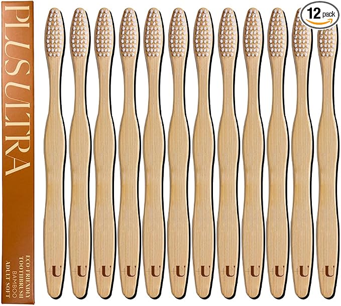 Biodegradable and Eco-Friendly Bamboo Toothbrush 12-Pack - BPA Free Soft Bristle - Dentist-Approved and All-Natural Toothbrush with Logo Etched on Handles by Plus Ultra