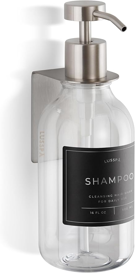 Shower Shampoo Dispenser Wall Mounted – Refillable 16.9 oz Clear Bottle with Stainless Steel Pump & No-Drill Adhesive Holder – Soap Dispenser for Bathroom (1 X Clear/Silver)