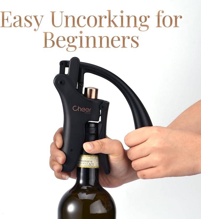 CHEER MODA Professional Manual Lever Wine Opener with Rabbit Motif – French Designer Corkscrew, Ergonomic Stainless Steel Opener + Foil Cutter + Replacement Screw (Matte Black-HK03)