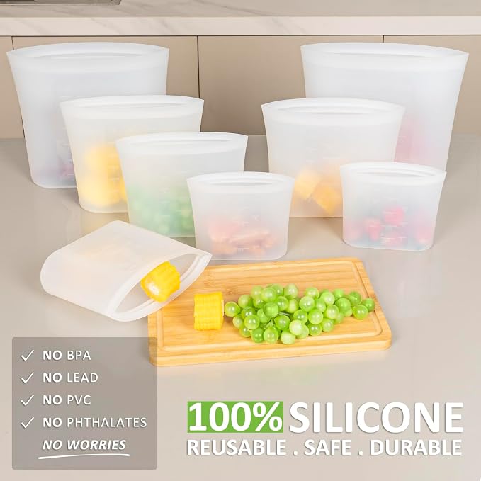 100% Silicone Reusable Storage Bag, 16 Pack Stand-Up Wide-Mouth Zip-Lock Food Storage Bags, Easy-Fill Easy-Open Easy-Clean Space-Saving, Microwave & Dishwasher Safe, 2 XL/4 L/4 M/4 S/2 XS, Translucent
