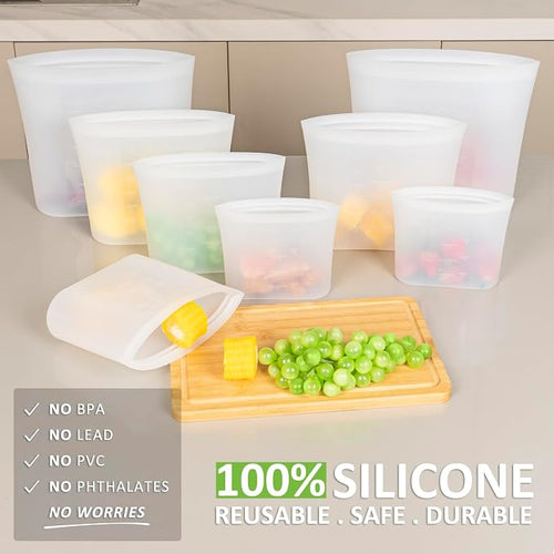 100% Silicone Reusable Storage Bag, 16 Pack Stand-Up Wide-Mouth Zip-Lock Food Storage Bags, Easy-Fill Easy-Open Easy-Clean Space-Saving, Microwave & Dishwasher Safe, 2 XL/4 L/4 M/4 S/2 XS, Translucent