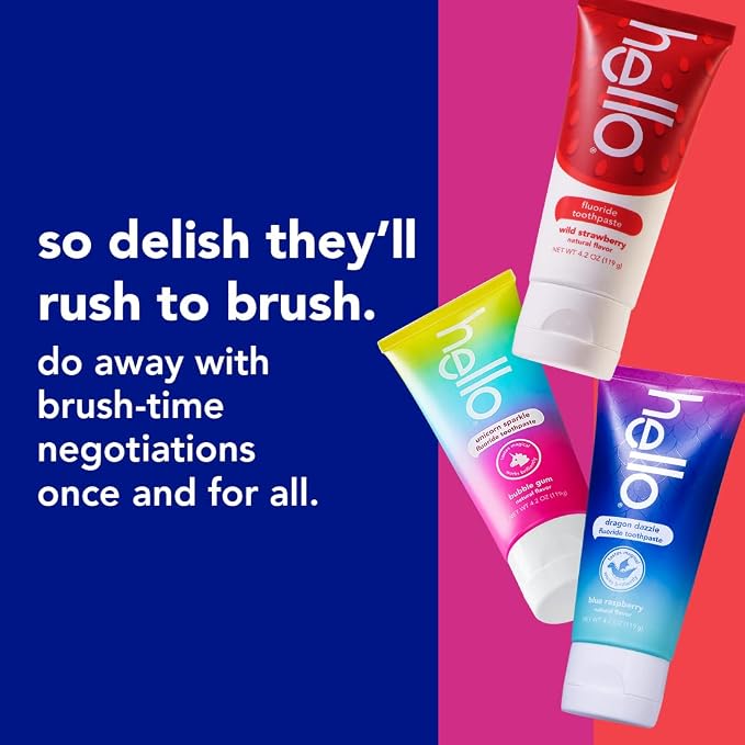 Hello Kids Fluoride Toothpaste Variety Pack, Includes a Strawberry Toothpaste, Unicorn Bubble Gum Toothpaste, and Blue Raspberry Toothpaste, Safe for Ages 2 and Up, 12 Pack, 4.2 Oz Each