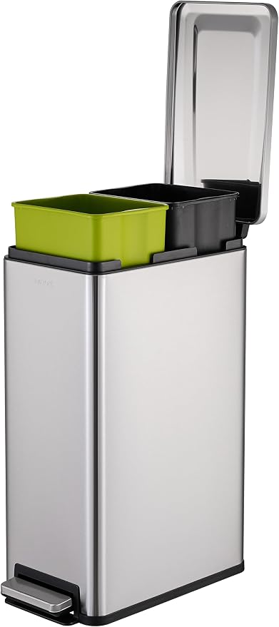 Step N’ Sort Slim Dual Recycling Bin 43L (2 x 21.5L) – Soft Close Kitchen Trash Can – Space Saving Stainless Steel – Removable Buckets