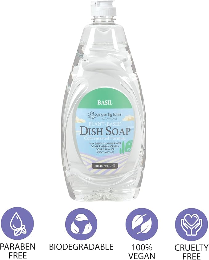 Ginger Lily Farms Botanicals Plant-Based Liquid Dish Soap, Concentrated Formula with Max Grease Cleaning Power, Cruelty-Free, Basil Scent, 24 Fl Oz (Pack of 8)