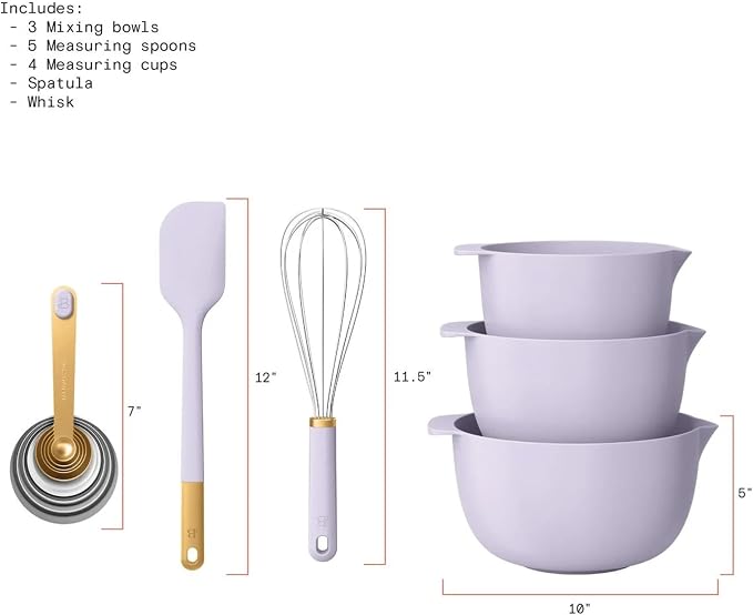 14 Piece Mixing Bowl and Measuring Set, Nesting Kitchen Prep Set with Measuring Cups Spoons Whisk Spatula, BPA Free Dishwasher Safe Baking Set (Lavender)