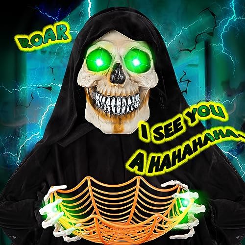 71” Halloween Hanging Animated Skeleton Ghost Decoration with Sound Activated, Candy Dish, Glowing Eyes, Spooky Sounds for Halloween Haunted House Prop and Party Decor, Indoor/Outdoor Display
