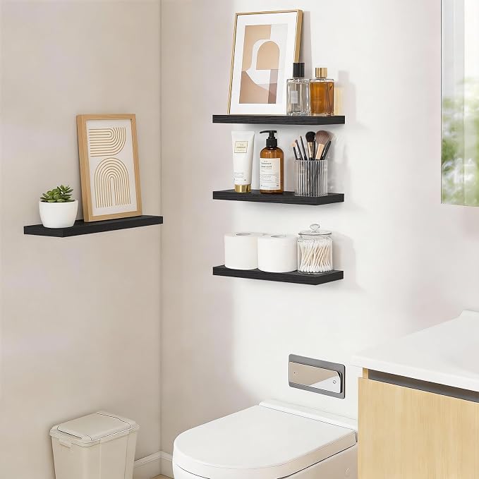 BAYKA Floating Shelves for Wall, 15.7in Wall Mounted Rustic Wood Shelves for Bathroom, Bedroom, Living Room, Kitchen, Hanging Shelf for Books/Storage/Room Decor with 22lbs Capacity (Black, Set of 4)
