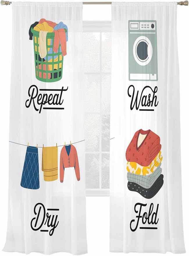 Laundry Room Sheer Curtains 84 Inch Length 2 Panels for Living Room, Wash Repeat Dry Fold Simple Drawn Voile Kitchen Curtain Set, Luxury Privacy Drapes Window Treatment for Bedroom
