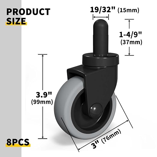 AAGUT Mop Bucket Replacement Casters 3" Set of 8 | Swivel Bayonet Caster Wheels fits Rubbermaid Commercial Models & WaveBrake, Thermoplastic Rubber Black (Floor Safe)