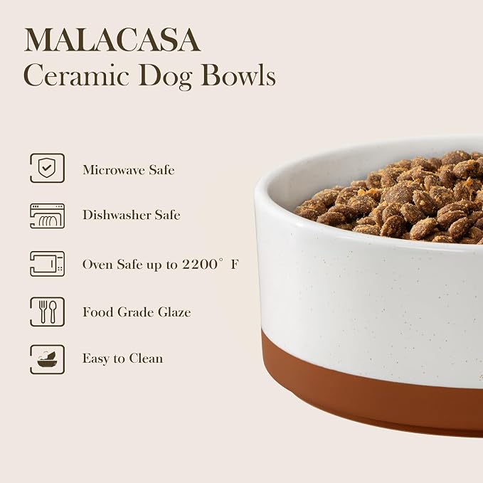 MALACASA Ceramic Dog Bowls Set with Wood Stand, 3.5 Cups Pet Bowls for Medium Dogs with Non-Slip Base, Large Puppies, Cats, Retrievers, ect.Pet Food & Water Basic Bowls Set, Weighted Glaze Matte.34 OZ