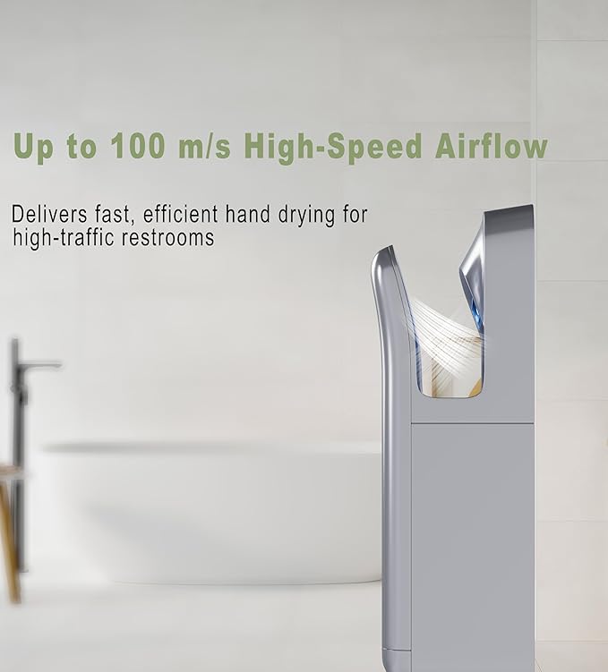 Commercial Vertical Hand Dryer, 110V High Speed, Silver | Touchless electric hand dryer for bathrooms, restrooms, offices, hotels, schools, and high-traffic public spaces.