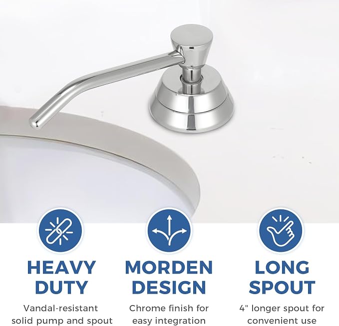 Stardrix Heavy Duty Brass Countertop Liquid Soap Dispenser, Commercial Grade Top Fill Built-in Soap Dispenser with 34 oz/ 1L Bottle for Bathroom, Kitchen, Public Restroom, Chrome Finish, 4” Spout