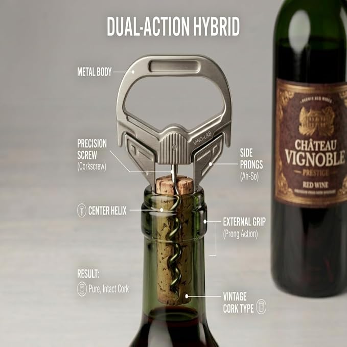 VinoLab Ah So Wine Opener, Two-Prong Cork Remover for Vintage Bottles and Delicate Old Corks, Sommelier Style Cork Extractor with Protective Cover and Gift Box