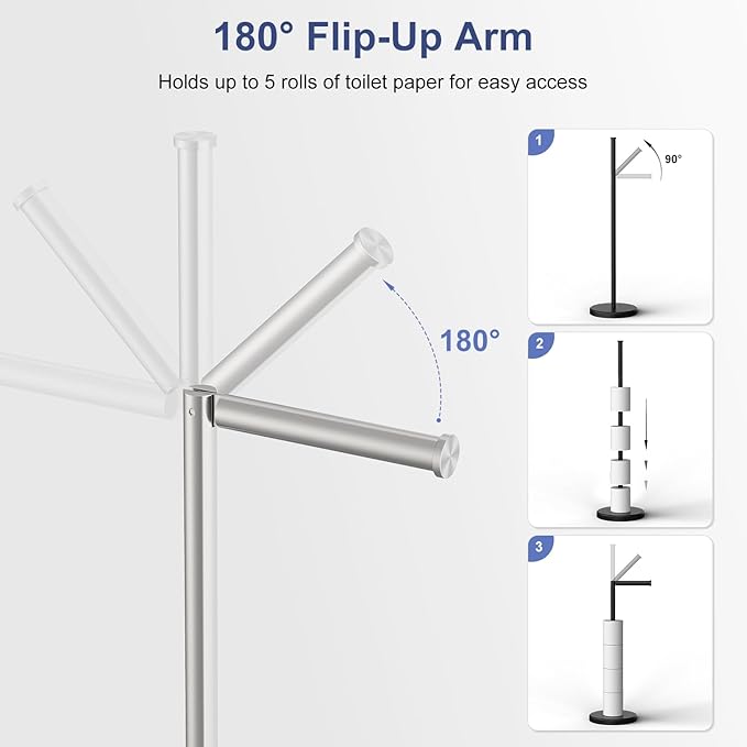 Toilet Paper Holder Stand 22.2" H Brushed Nickel Bathroom Free Standing Toilet Paper Roll Holder Storage Shelf for 4 Rolls, Stainless Steel Toilet Paper Holders with Non-Slip Stable Base