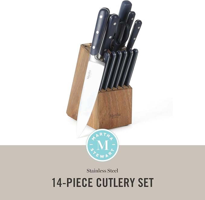 MARTHA STEWART Eastwalk 14 Piece High Carbon Staineless Steel Cutlery Set w/ABS Triple Riveted Forged Handle Acacia Wood Block - Navy Blue