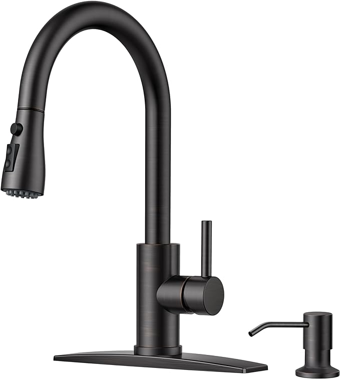 FORIOUS Kitchen Faucet with Soap Dispenser and Pull Down Sprayer, Bar High Arc Single Handle Classic 3 Modes Stainless Steel Faucet for Kitchen Sink Farmhouse RV Laundry Camper, Oil Rubbed Bronze
