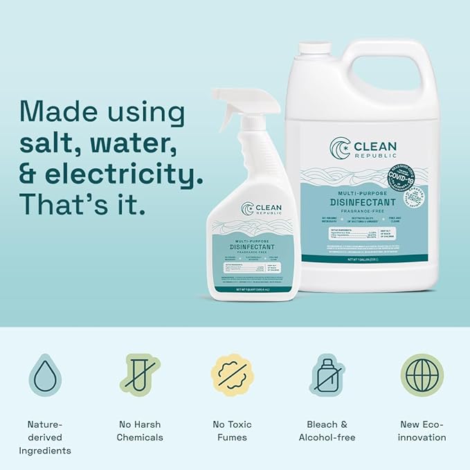 Clean Republic Multi-Purpose Disinfectant, Hypochlorous Acid Cleaning Spray, 32 Fluid Ounce Bottle
