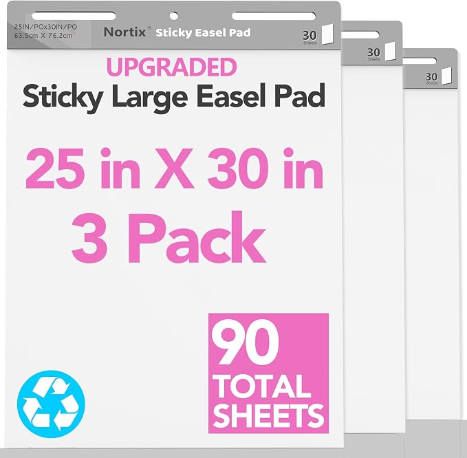 Nortix Flip Chart Paper, Sticky Easel Pads, Chart Paper for Teachers,Super Adhesive & Bleed-Resistant, Large Self-Stick Easel Paper for Classroom/Office, 25 x 30 inch, 30 Sheets/Pad, 3 Pads