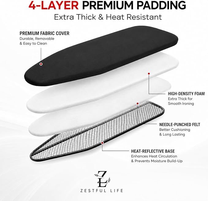 Ironing Board Metal Panel Iron Board 53" x 13.5", 7mm Thick Heat & Scorch Resistant Pad Full Metal Construction Ironing Board with Smart Hanger & 7 Adjustable Heights Compact and Space Saving