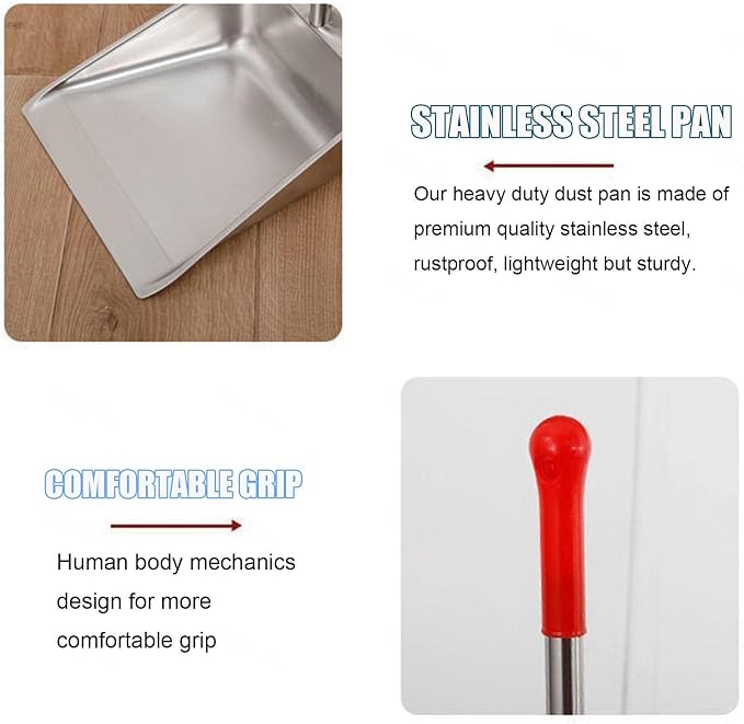 Broom and Dustpan Set with Long Handle for Home, Heavy Duty Stainless Steel Dustpan with Broom, Upright Standing Dust Pan for Sweeping Kitchen and Home Kitchen Office Lobby Flool,A