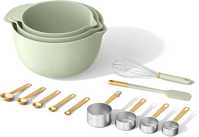 14 Piece Mixing Bowl and Measuring Set, Nesting Kitchen Prep Set with Measuring Cups Spoons Whisk Spatula, BPA Free Dishwasher Safe Baking Set (Sage Green)