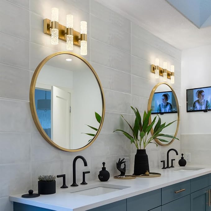 Gold Bathroom Light Fixture, Modern Brushed Vanity Light with Crystal, 6 Light Bathroom Vanity Light Fixtures Over Mirror, 27w LED Hardwired Wall Sconce, Warm White