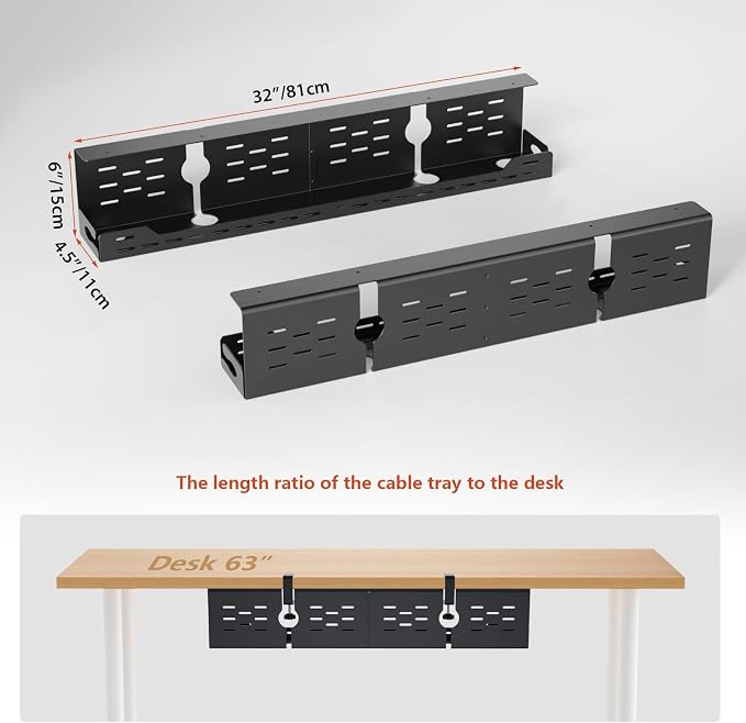 Univivi Under Desk Cable Management Tray - 32" Steel Cord Organizer, No-Drill C-Clamp & Screw Mount for Office/Home, Effortless Wire Management (Black)