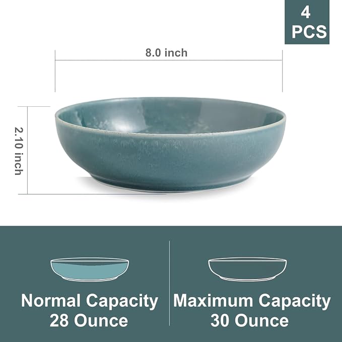 30oz Ceramic bowls set of 4-8" serving bowls for Kitchen,Pasta,Salad-Dishwasher & Microwave Safe Perfect for Housewarming, Thanksgiving, Christmas-Teal Green
