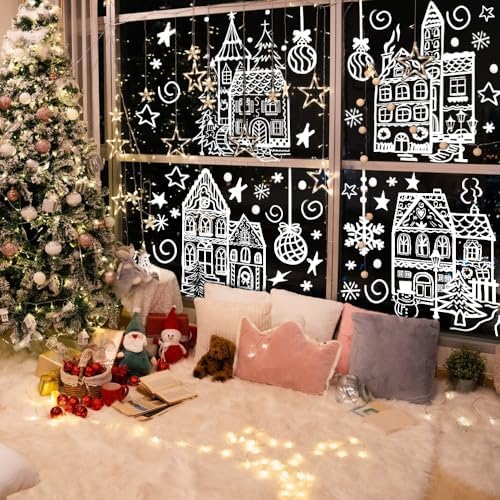 DIYDEC 15.7 * 27.5'' Large White House Christmas Window Stickers for Glass