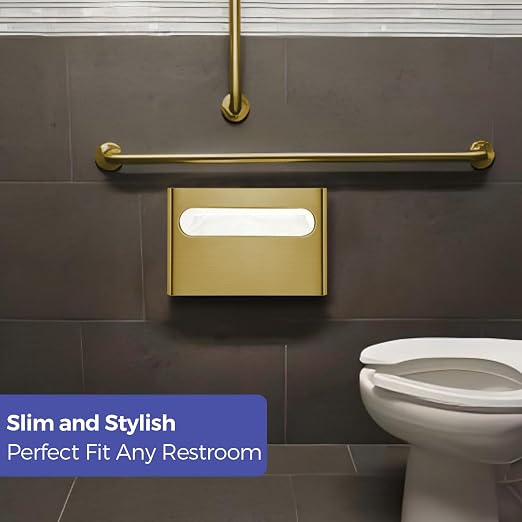 Stardrix Slim Brushed Gold Stainless Steel Toilet Seat Cover Dispenser – Designer Wall-Mount Holder with Curved Edges and Large Capacity for Single or 1/2 Fold Covers, Aesthetic and Modern Look