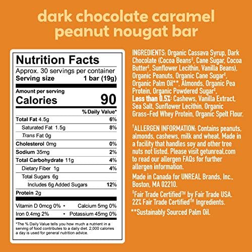 UNREAL Dark Chocolate Caramel Peanut Nougat Bars, 30 Individually Wrapped