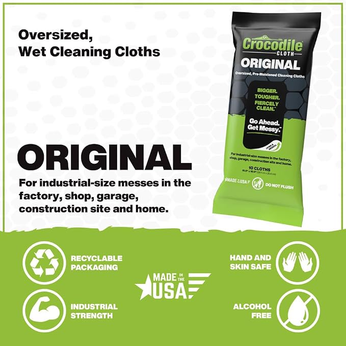 Crocodile Cloth Industrial Hand & Tool Cleaning Wipes - Heavy-Duty 10" x 15" Size Multi-Surface Cleaning Wipes, 10 Count Per Package. Water Based Solution with Extreme Cleaning Power. Safe on Skin.