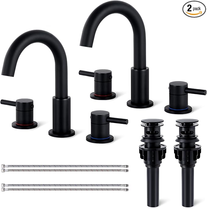 Bathroom Faucet 3 Hole, Matte Black Bathroom Sink Faucet with Pop Up Drain, 8 Inch Widespread Bathroom Faucet with 360° Swivel Spout, 2 Handle Vanity Faucet with Water Supply Hoses (2 Pack)