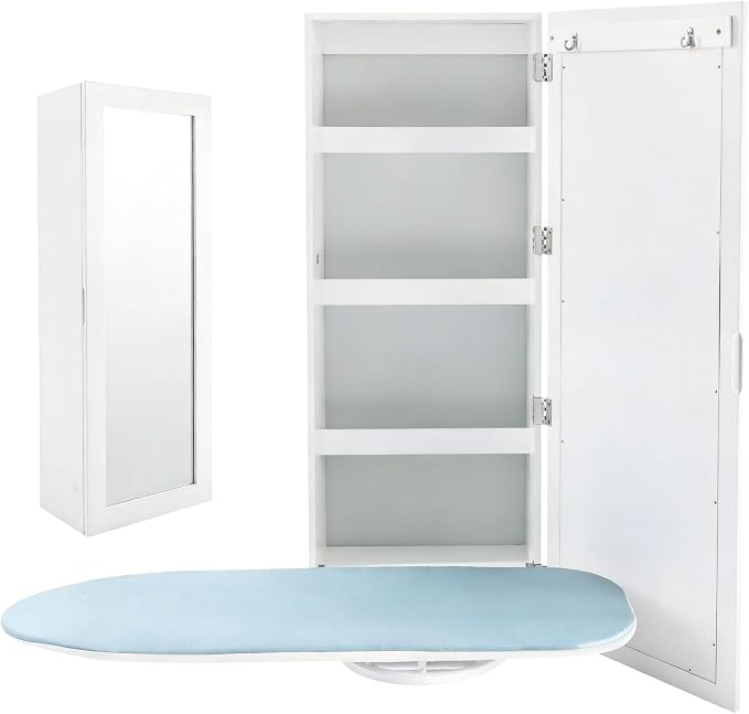 Wall Mounted Ironing Board with Storage Cabinet, Built-in 180° Swivel Foldable Ironing Board and Mirror Door, White Ironing Station Organizer for Home, Apartment, Laundry Room, Small Spaces