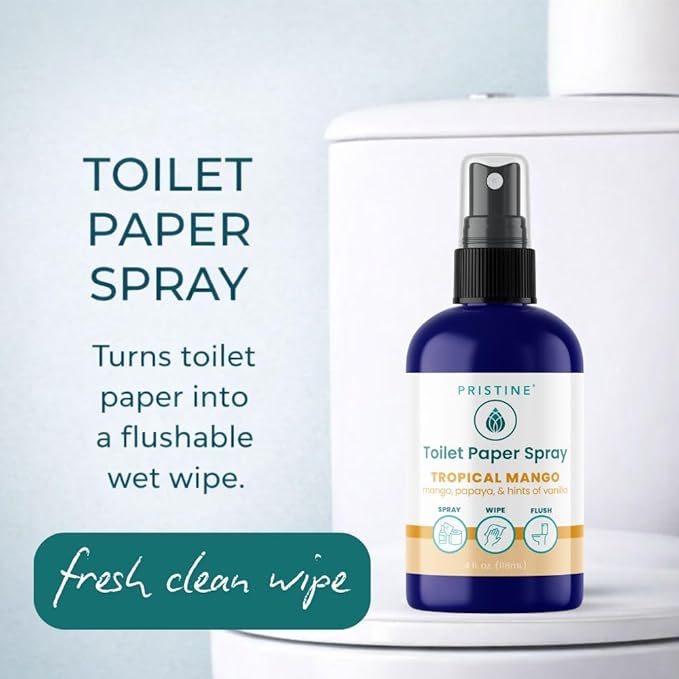 PRISTINE Toilet Paper Spray - As Seen on Shark Tank, More Natural Personal Cleansing Wipes & Flushable Wet Wipes Alternative, Spray Toilet Paper to Create Flushable Wipe, Tropical Mango, 4 fl oz