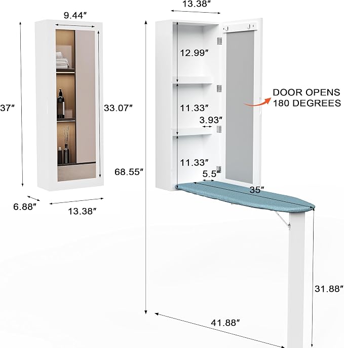 Wall Mounted Ironing Board with Storage Cabinet,Built in Ironing Board & Folding Support Leg, Wall-Mounted Mirrors for Home, Apartment & Small Spaces | 2 Garment Hooks | 2 Organizer Shelves | Foldable Leg & Holds 85lbs | Fits All Spray Bottles | No Ass...