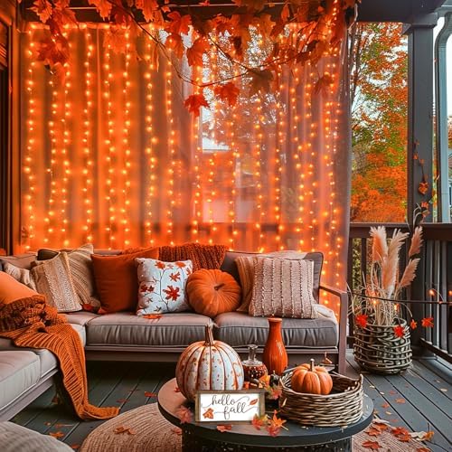 JMEXSUSS 300LED Orange Halloween Curtain Lights with Remote, 9.8x9.8ft