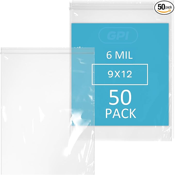 GPI - 9" x 12" Reclosable Zip Bags, 6 Mil Extra Heavy-Duty - Pack of 50, Clear Plastic Zipper Lock Bags, Resealable Poly Baggies For Clothing, Tools, Sharp Objects, Packaging & Storage.