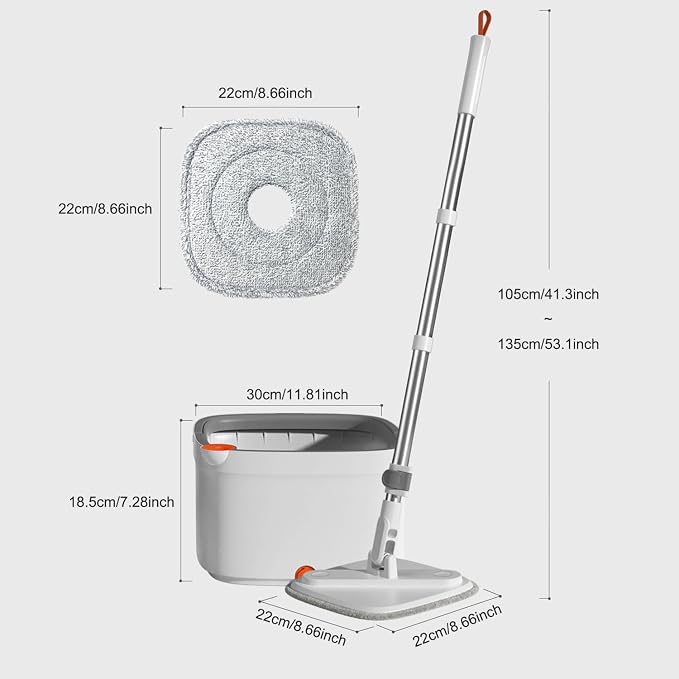 Spin Mop and Bucket with M16 Self Separation Dirty and Clean Water System, Self Wringing 360° Rotating Clean Mop-Head and Bucket Set for Hardwood Tile Marble Floors with 14Pads-Grey