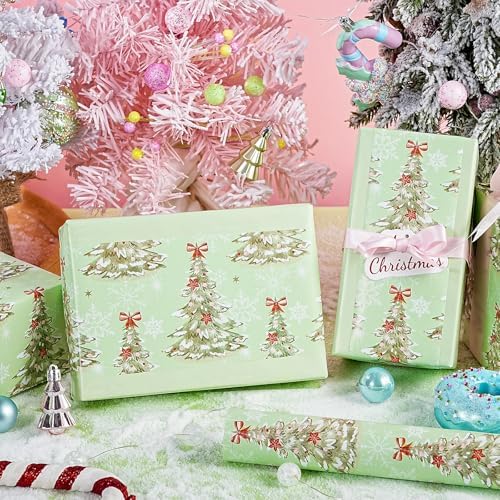 WRAPAHOLIC 30 Inch Reversible Christmas Wrapping Paper - 30 Inch x 33 Feet - Light Green Christmas Tree Wrapping Paper for Xmas Holiday, Party Celebration